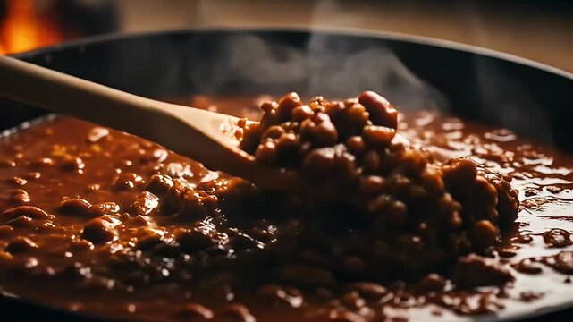 cinematic cooking shots ASMR of hearty chili cooking in hot pot with spoon