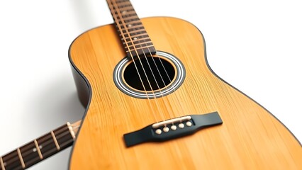 Fototapeta premium Acoustic guitar isolated on white background, highlighting detailed wood texture and musical craftsmanship.