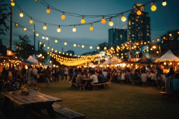 Outdoor market at night with string lights and people