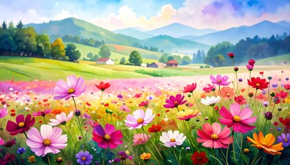 Fototapeta premium Breathtaking landscape, vibrant wildflower field with majestic mountains in the background.