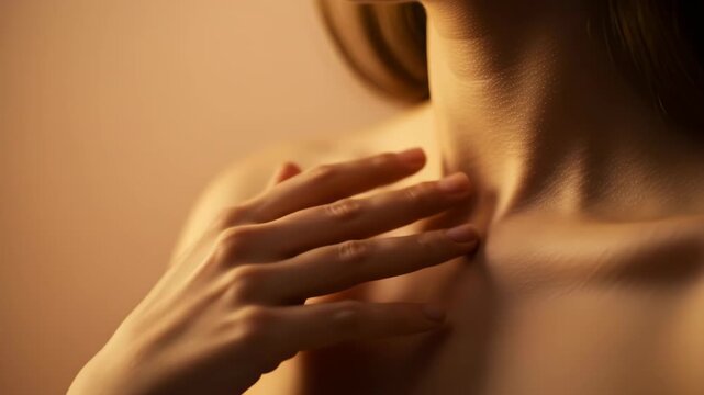 Close up of a womans hand touching her neck, showing the skin, body, and shoulder in a sensual and elegant way, conveying beauty, health, and wellness with grace and tenderness