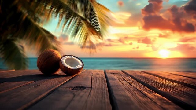 A vivid tropical sunset with palm trees and coconut halves on a wooden surface. The sky is painted in hues of orange, pink, and purple, with fluffy clouds scattered throughout.