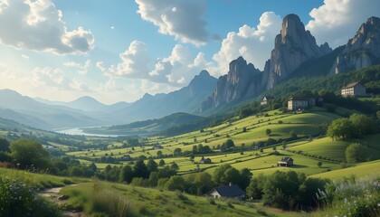 Obraz premium Lush Valley with Mountain Peaks