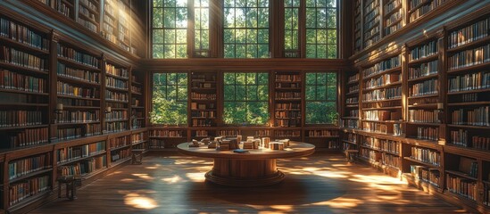 Sunlit library interior with wooden bookshelves, large windows, and a central table.
