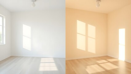 Simple room comparison showing plain walls versus freshly painted walls with natural light.