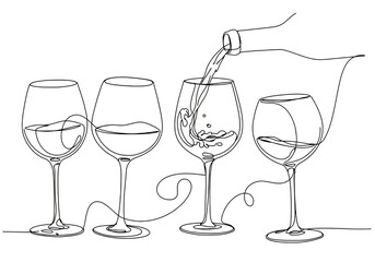 Elegant single line drawing of wine glasses being filled with wine from a bottle