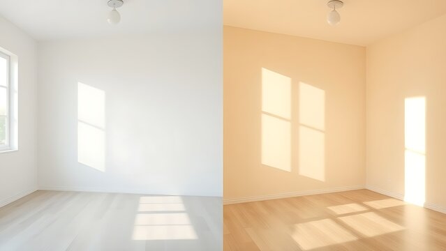 Simple room comparison showing plain walls versus freshly painted walls with natural light.