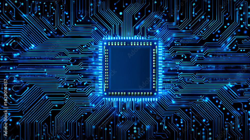 Poster futuristic ai circuit board background. technology connected blue lines with electronics elements on
