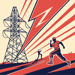 Baseball Player Running Towards Power Tower Under a Lightning Storm