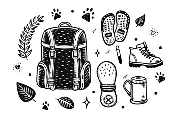 Embark on adventure with this collection of hiking essentials featuring a sturdy backpack, comfortable boots, and footprints, perfect for outdoor exploration and travel themes.