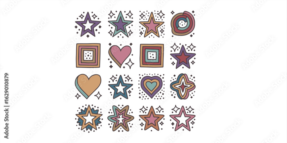 Poster collection of various shapes including stars hearts and squares arranged in a grid pattern