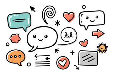 Vibrant collection of hand-drawn speech bubbles, hearts, stars, and gears symbolizing communication, ideas, and engagement in a dynamic doodle style