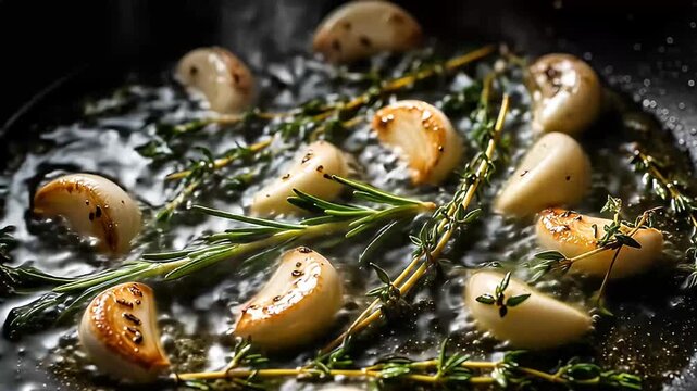 cinematic cooking shots ASMR of garlic and herbs sizzling in hot oil pan