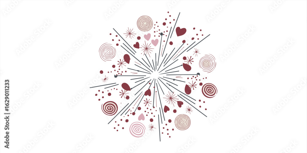 Poster abstract design with radiating lines hearts circles and stars on a white background pattern vector