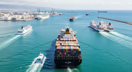 Fototapeta premium A busy port scene featuring a large container ship loaded with colorful containers, accompanied by cruise ships and other vessels navigating the calm blue waters.