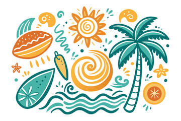 Obraz premium Vibrant tropical paradise unfolds with sunny skies, crashing waves, and swaying palm trees, evoking feelings of adventure and relaxation for your next project.