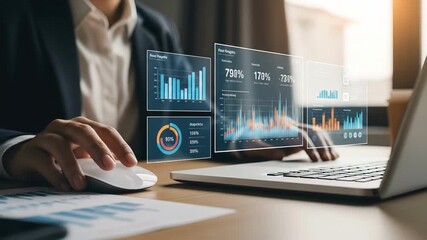 Hands work at a laptop showing futuristic data graphs A person in a suit analyzes financial insights for strategic business growth and investment decisions - Powered by Adobe