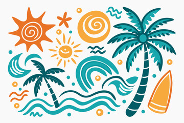 Obraz premium Vibrant tropical beach scene bursts with sun, surf, and palm trees creating a lively summer vacation vibe perfect for holiday design