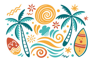 Obraz premium Vibrant summer beach collection featuring sun, waves, palm trees, surfboards, and tropical flowers creating a lively coastal vibe for vacation designs