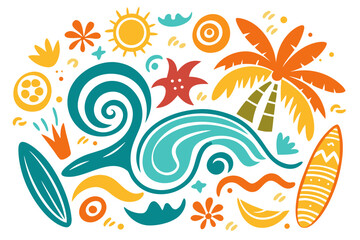 Obraz premium Vibrant summer beach scene bursting with sunshine, surfboards, palm trees, and crashing waves capturing the joy of seaside adventure and tropical relaxation.