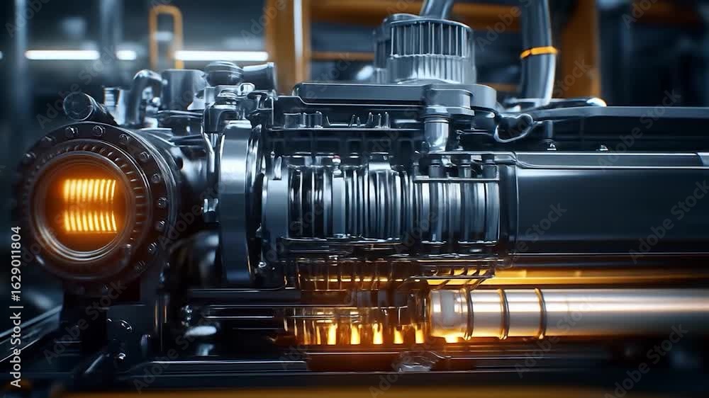 Poster engine power: detailed view of internal combustion engine with glowing elements
