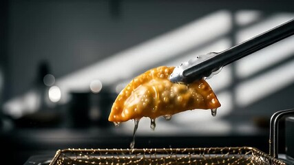 cinematic cooking shots ASMR of golden fried dumpling dripping oil from deep fryer - Powered by Adobe