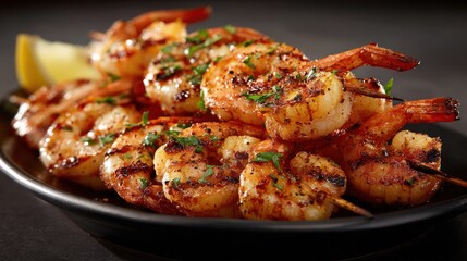 Grilled shrimp skewers on a dark plate (1)