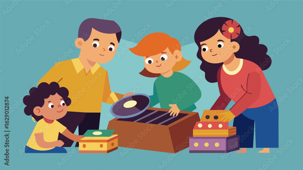 Aufkleber A familyfriendly event with kids digging through crates of records and comparing their finds with wideeyed wonder. Vector illustration
