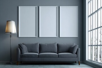 Gray room with sofa and three blank frames