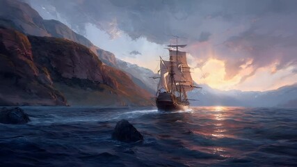 A vivid portrayal of a sailing ship in a serene maritime setting. The ship, with its intricate masts and sails, is set against a backdrop of a dramatic sky with hues of pink, orange.