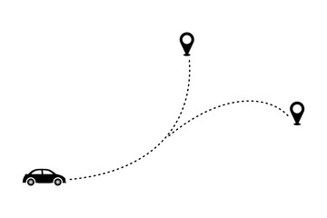Tourism and travel concept icon showing car road path with dotted line from origin to destination. Trip planning symbol in vector format.
