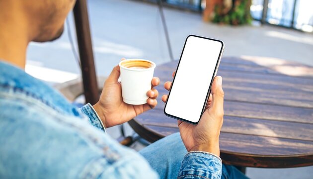 A man enjoying coffee while holding a smartphone with a blank mockup screen at an outdoor cafe.