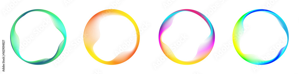 Aufkleber set of glowing neon color circles round curve shape with wavy dynamic lineson white. vector illustra