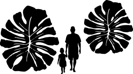 Silhouette of a parent and child walking between two large monstera leaves in a black and white image