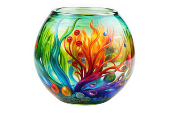 Vibrant hand blown glass vase with colorful abstract coral design isolated on transparent background