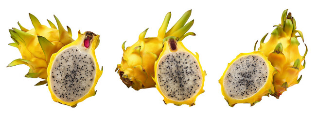 yellow dragon fruit, three halves, isolated on white background.