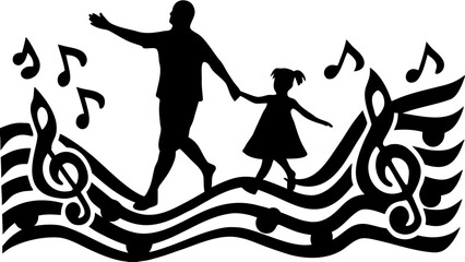 Silhouette of father and daughter walking on musical staff with musical notes floating around them