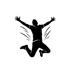 Silhouette of a man jumping with arms raised and stylized motion lines indicating movement and energy