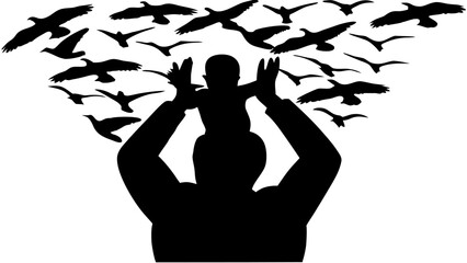 Silhouette of a person holding a baby on their shoulders with birds flying above them in black and white