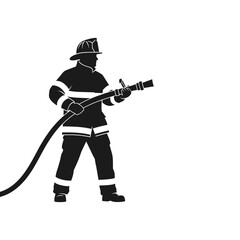 Silhouette of a firefighter holding a hose with nozzle, wearing protective gear and helmet in action pose
