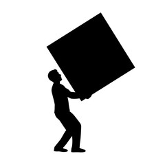 Silhouette of a man struggling to lift a large cube above his head with both hands in a strained pose