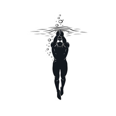 Swimmer underwater with bubbles rising to the surface in monochrome artistic representation style image