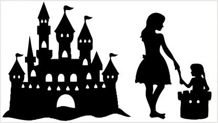 Silhouette depiction of a castle with flags alongside a mother and child playing in a sandcastle