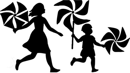 Silhouette of a woman and child running with pinwheels on a white background in black and white style