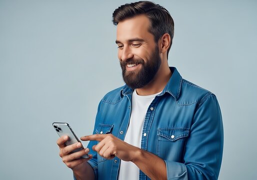 Happy bearded man using his smartphone with a smile against a neutral blue background in a casual denim shirt