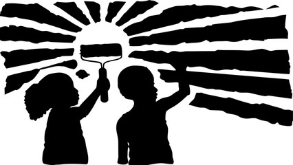 Silhouette of two children painting sun rays with a roller creating a bold black and white graphic art