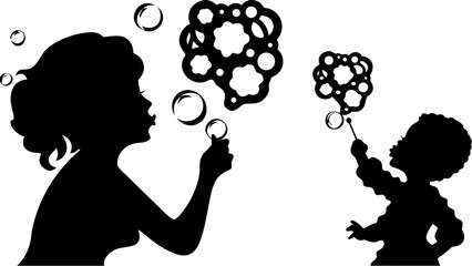 Silhouette of a woman and child blowing bubbles creating a playful and whimsical scene in black and white