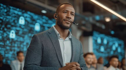 Cybersecurity expert speaking at conference about data protection risks