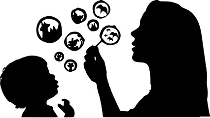 Silhouette of a woman blowing bubbles with a wand while a child watches the bubbles floating in the air