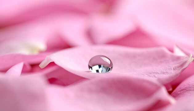 A water droplet rests on soft pink petals, reflecting its surroundings